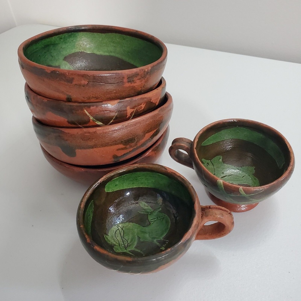 Patamban Michoacan Redware Pottery Green‎ Set 4 Bowls 2 Cups Mexican